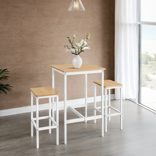 Modern Square Bar Table Set with 2 Stools, Compact 2-Person Dining Pub Set, Sturdy & Space-Saving Design, Golden Oak & Cloud White