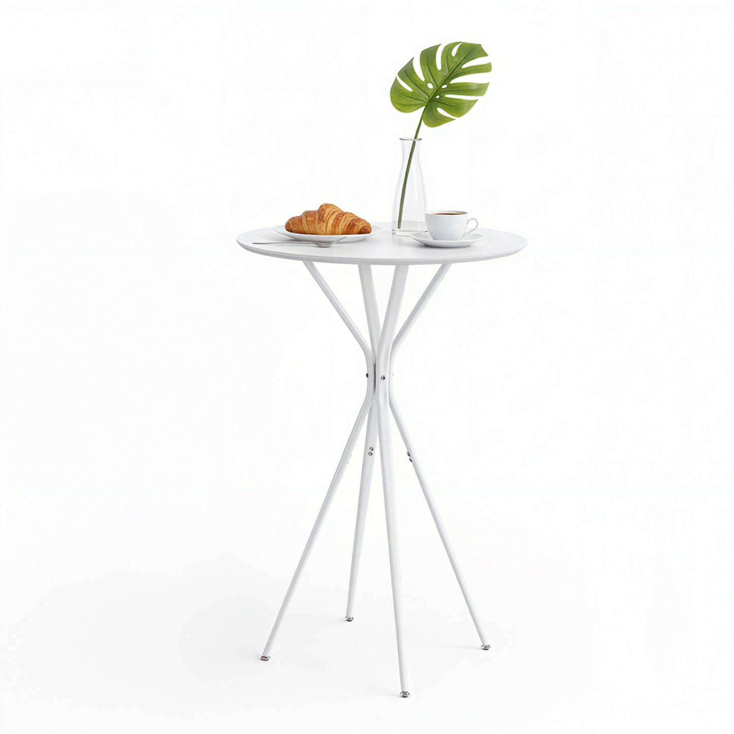 LEDREM Round Bar Table, 23.6 x 23.6 x 41.3 Inches Cocktail High Top Pub Table with Metal X-Frame, Water-Resistant Surface, Easy Assembly, Cloud White and Matte White