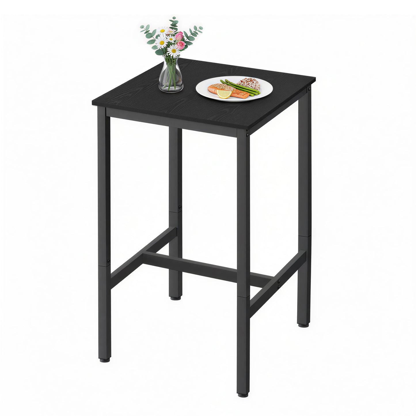 Bar Table, Small Square High Top Pub Table for Kitchen or Living Room, Rustic Wood & Metal Frame, 220 lb Capacity, Adjustable Feet, Ebony Black and Black