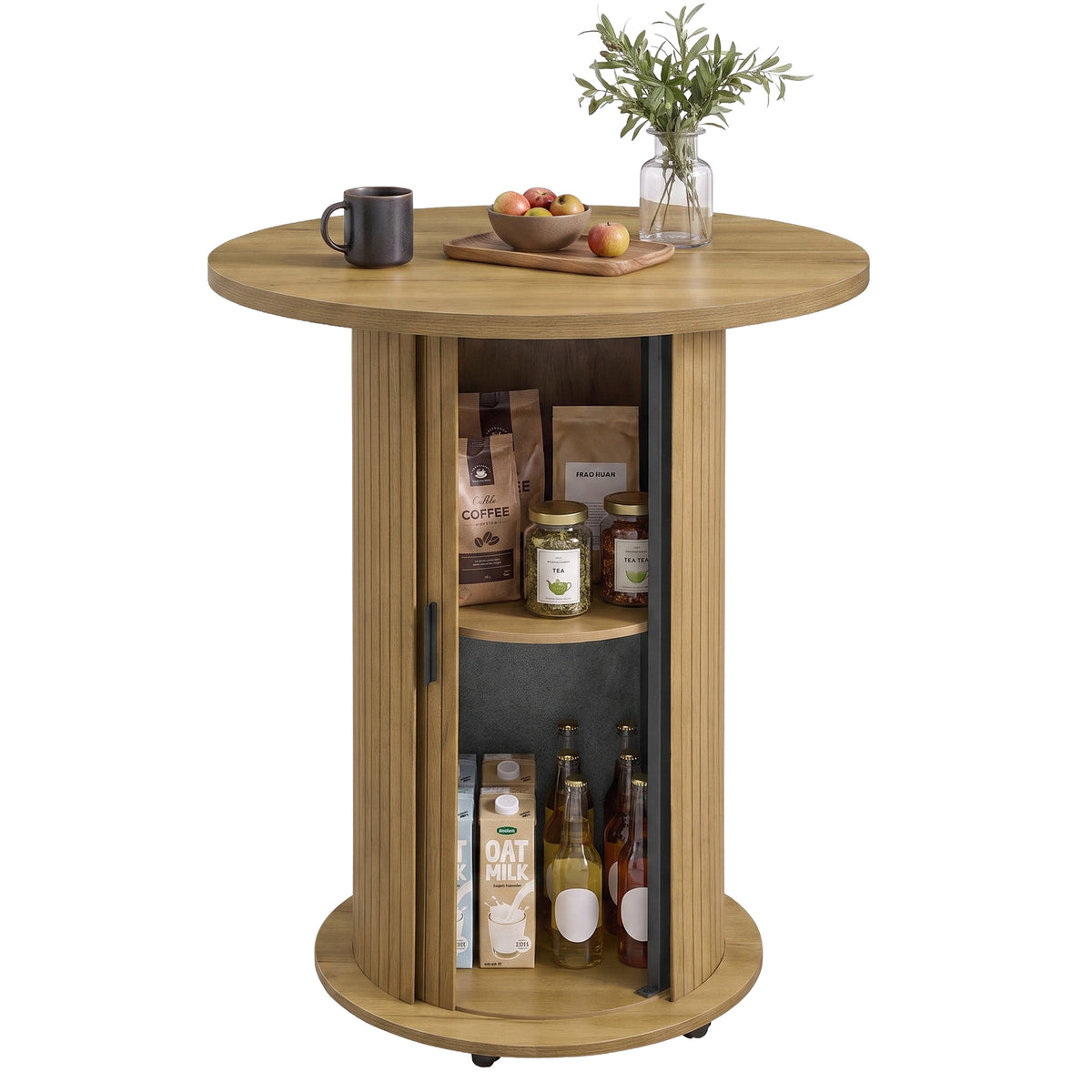 LEDREM Round Bar Table with Sliding Door, Mid-Century Style, 80 x 80 x 100.5 cm, Brown and black