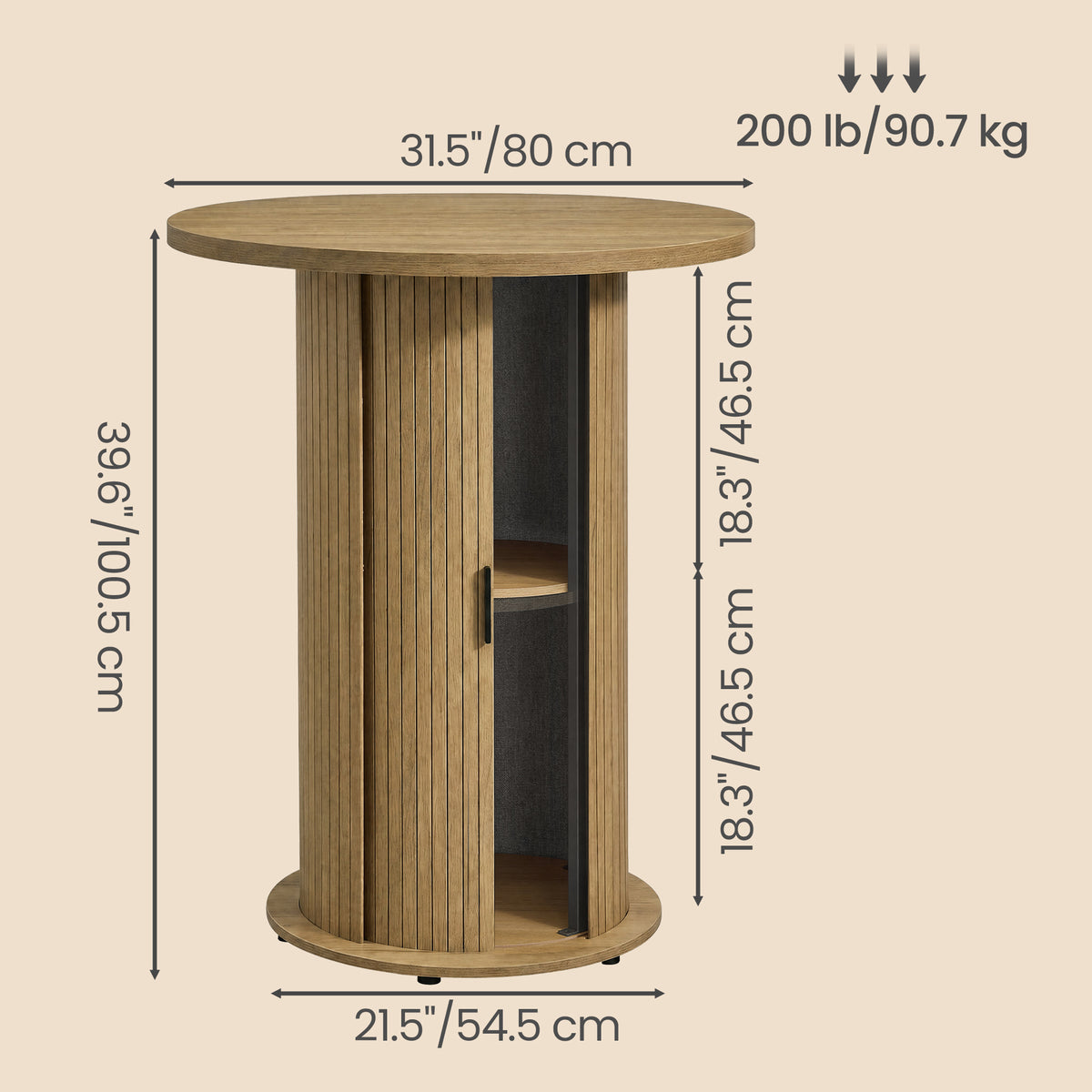 LEDREM Round Bar Table with Sliding Door, Mid-Century Style, 80 x 80 x 100.5 cm, Brown and black