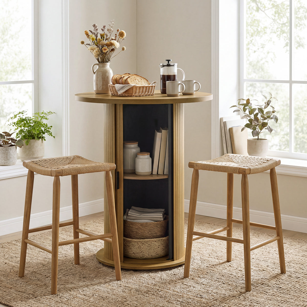 LEDREM Round Bar Table with Sliding Door, Mid-Century Style, 80 x 80 x 100.5 cm, Brown and black