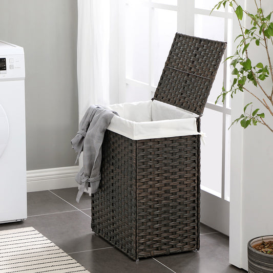 Foldable Laundry Hamper with Removable Liner & Lid, 23.8 Gallon (90L) Synthetic Rattan Storage Basket for Clothes, Handles, Space-Saving, Chestnut Brown