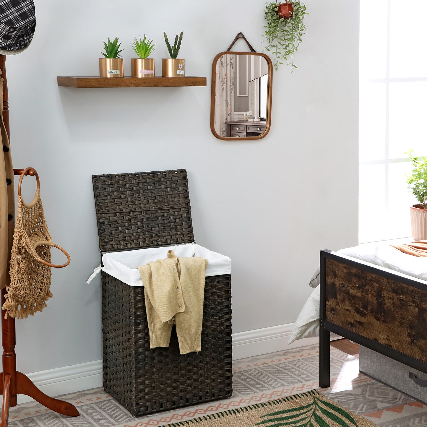 Foldable Laundry Hamper with Removable Liner & Lid, 23.8 Gallon (90L) Synthetic Rattan Storage Basket for Clothes, Handles, Space-Saving, Chestnut Brown