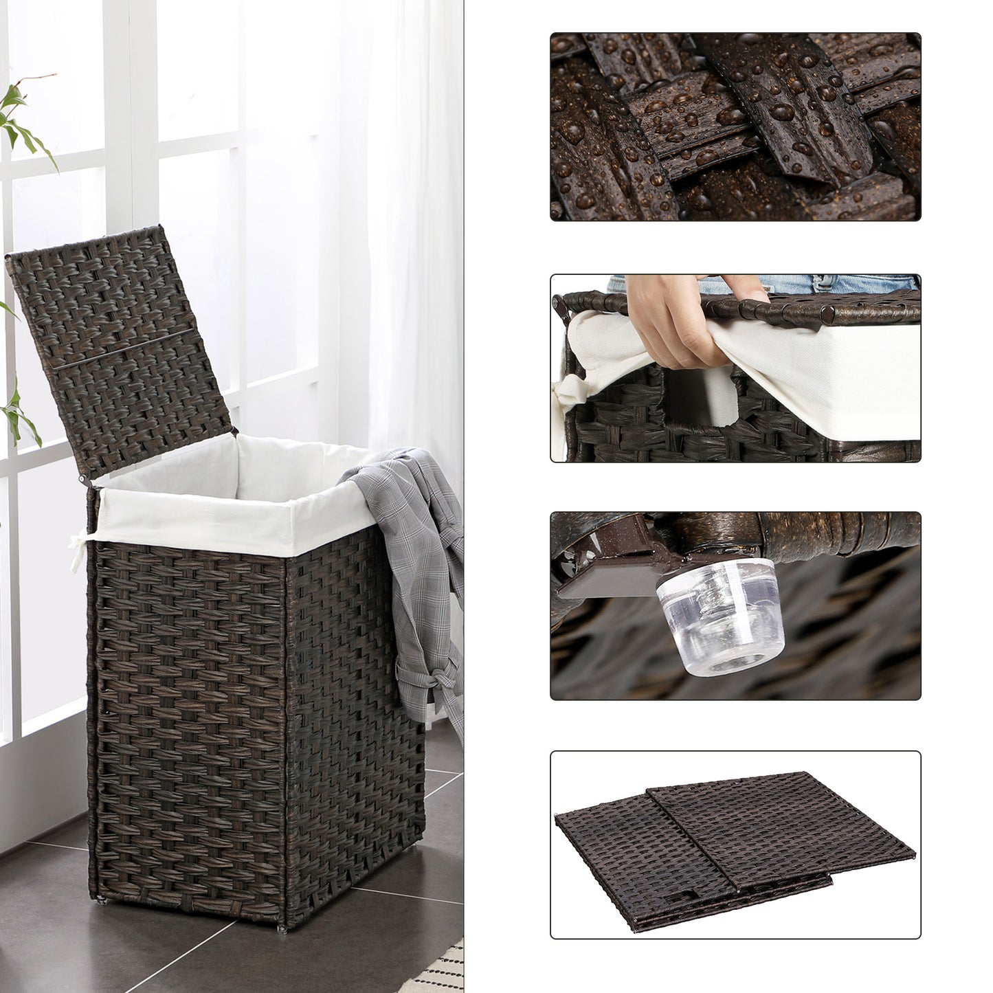 Foldable Laundry Hamper with Removable Liner & Lid, 23.8 Gallon (90L) Synthetic Rattan Storage Basket for Clothes, Handles, Space-Saving, Chestnut Brown