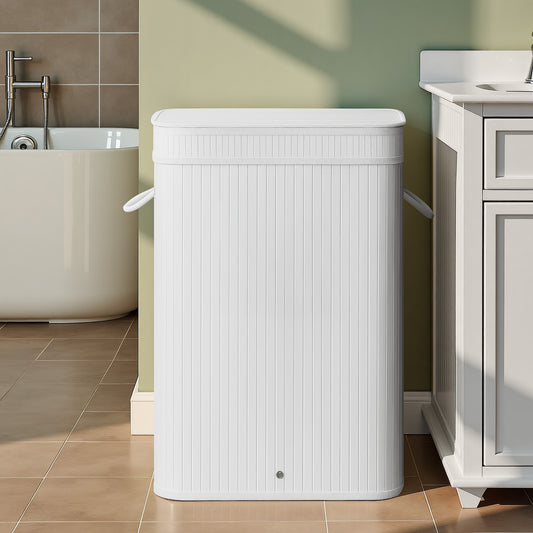 19-Gallon Bamboo Laundry Hamper with Lid & Washable Liner, Foldable Design, for Bedroom, Bathroom, Cloud White