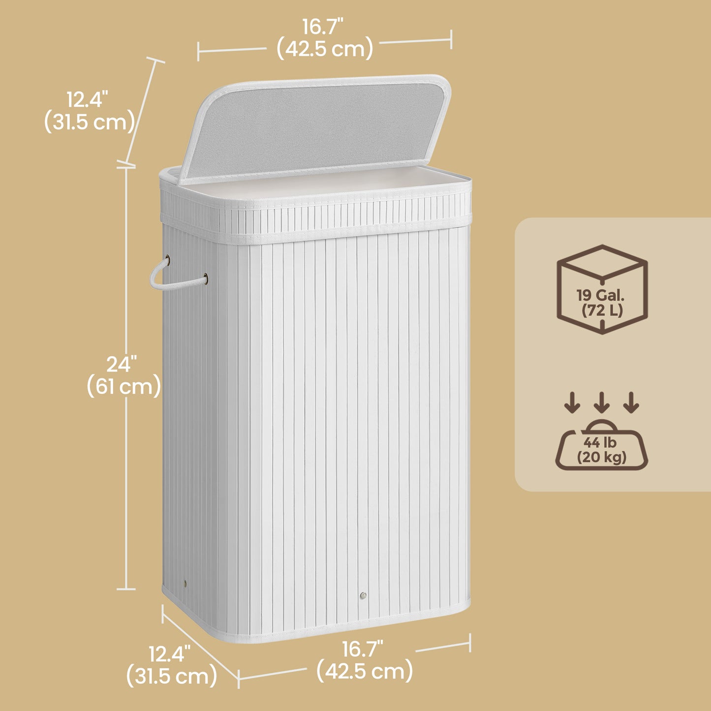 19-Gallon Bamboo Laundry Hamper with Lid & Washable Liner, Foldable Design, for Bedroom, Bathroom, Cloud White