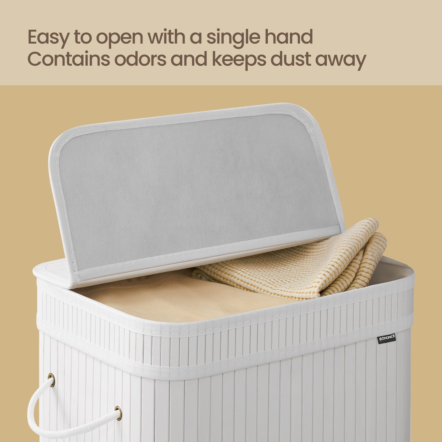 19-Gallon Bamboo Laundry Hamper with Lid & Washable Liner, Foldable Design, for Bedroom, Bathroom, Cloud White