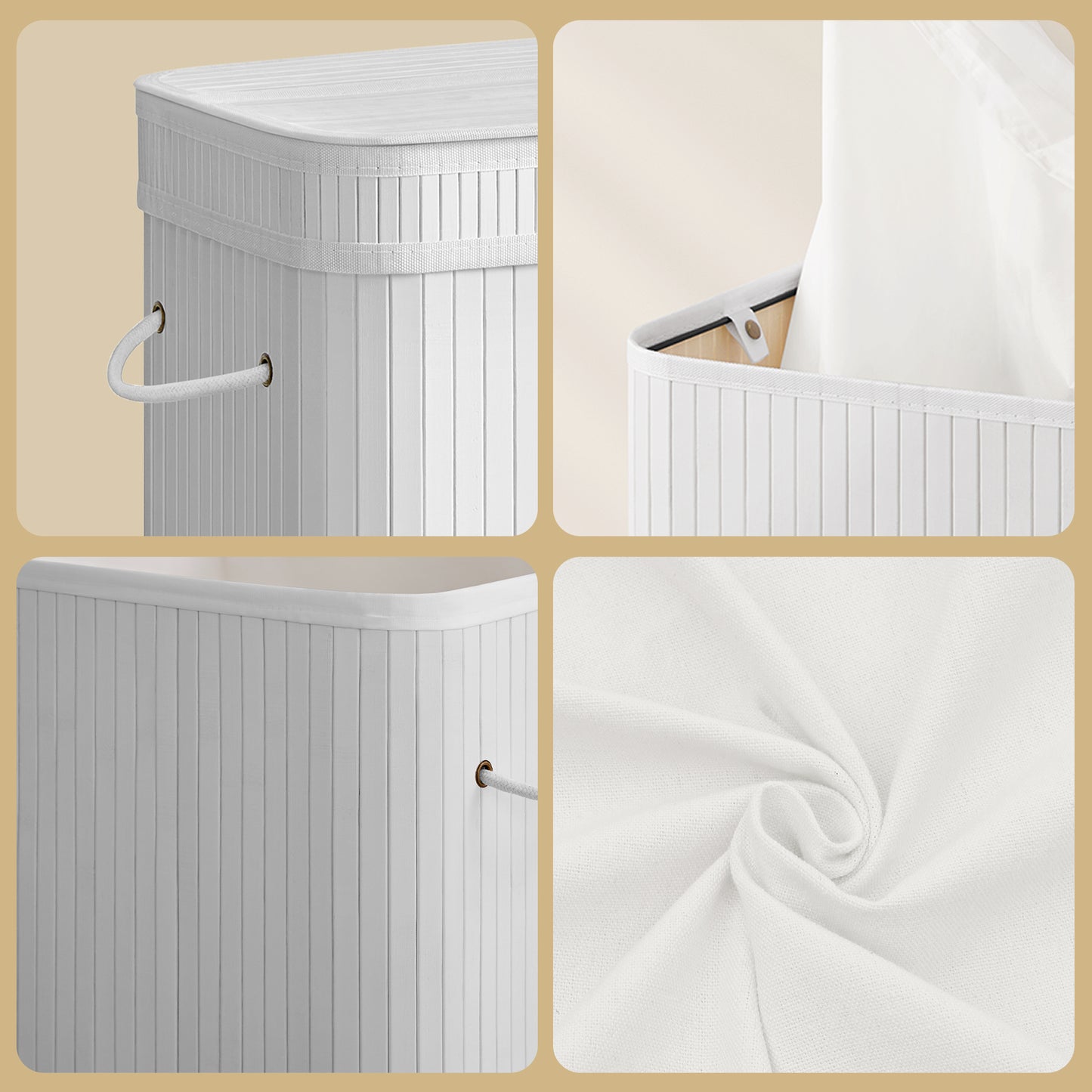 19-Gallon Bamboo Laundry Hamper with Lid & Washable Liner, Foldable Design, for Bedroom, Bathroom, Cloud White