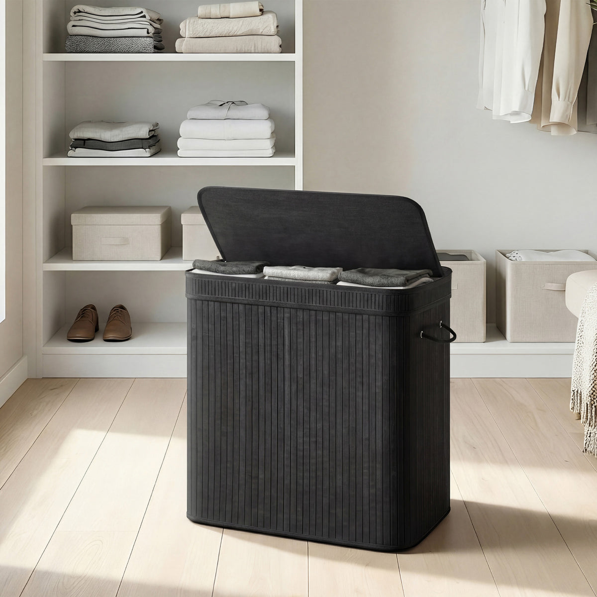 LEDREM Bamboo Laundry Basket, Removable Bag with Lid and Handles, Machine Washable, Laundry Room, 39.6 Gallons, Black