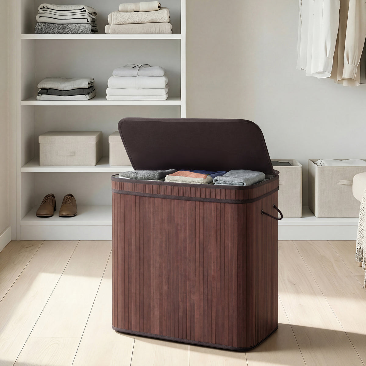 LEDREM Bamboo Laundry Basket, Removable Bag with Lid and Handles, Machine Washable, Laundry Room, 39.6 Gallons, Brown