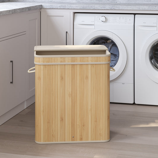 Foldable Bamboo Laundry Hamper with Removable Washable Liner, 26.4-Gallon Capacity, Metal Frame & Handles, for Bedroom，Bathroom, Natural Beige
