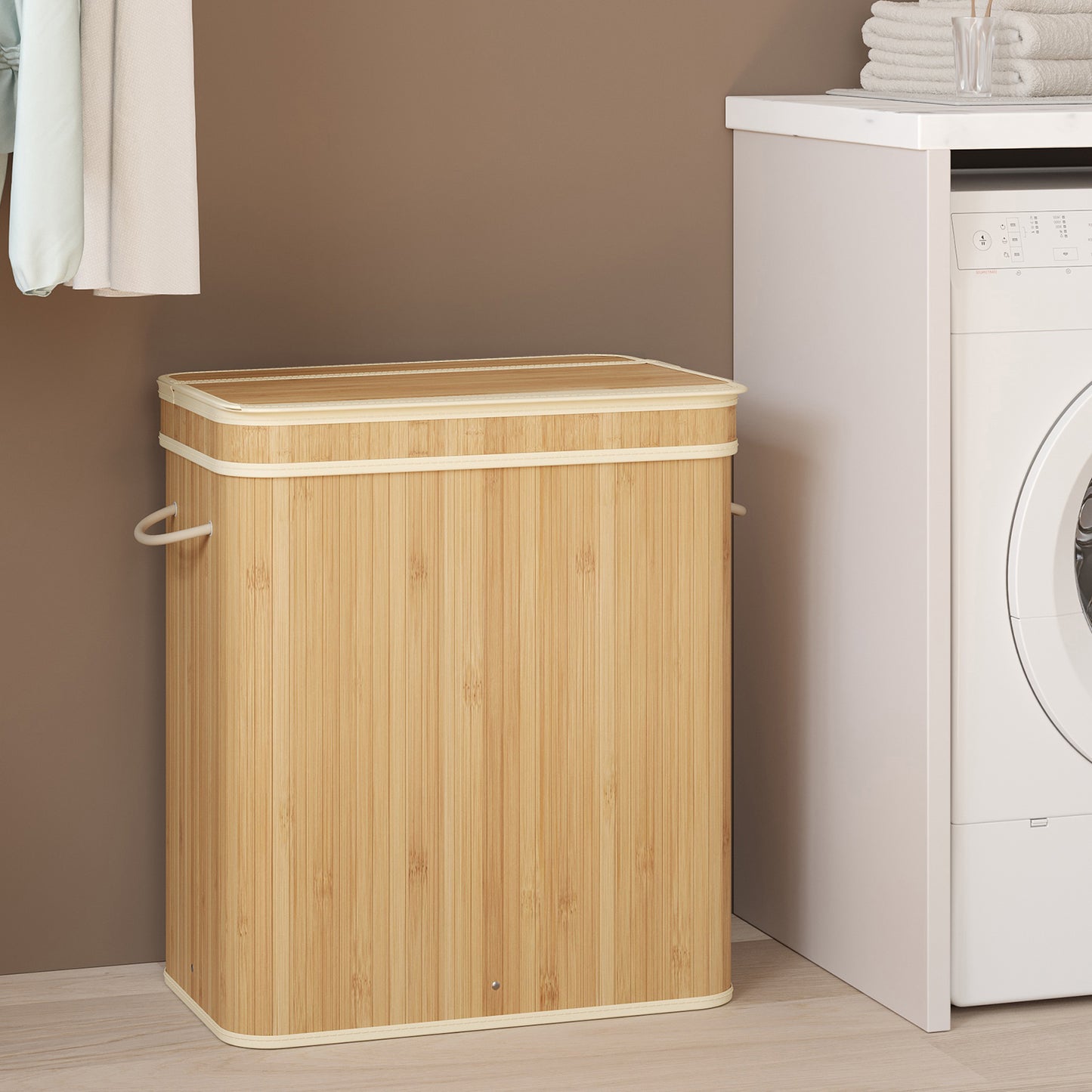 Foldable Bamboo Laundry Hamper with Removable Washable Liner, 26.4-Gallon Capacity, Metal Frame & Handles, for Bedroom，Bathroom, Natural Beige