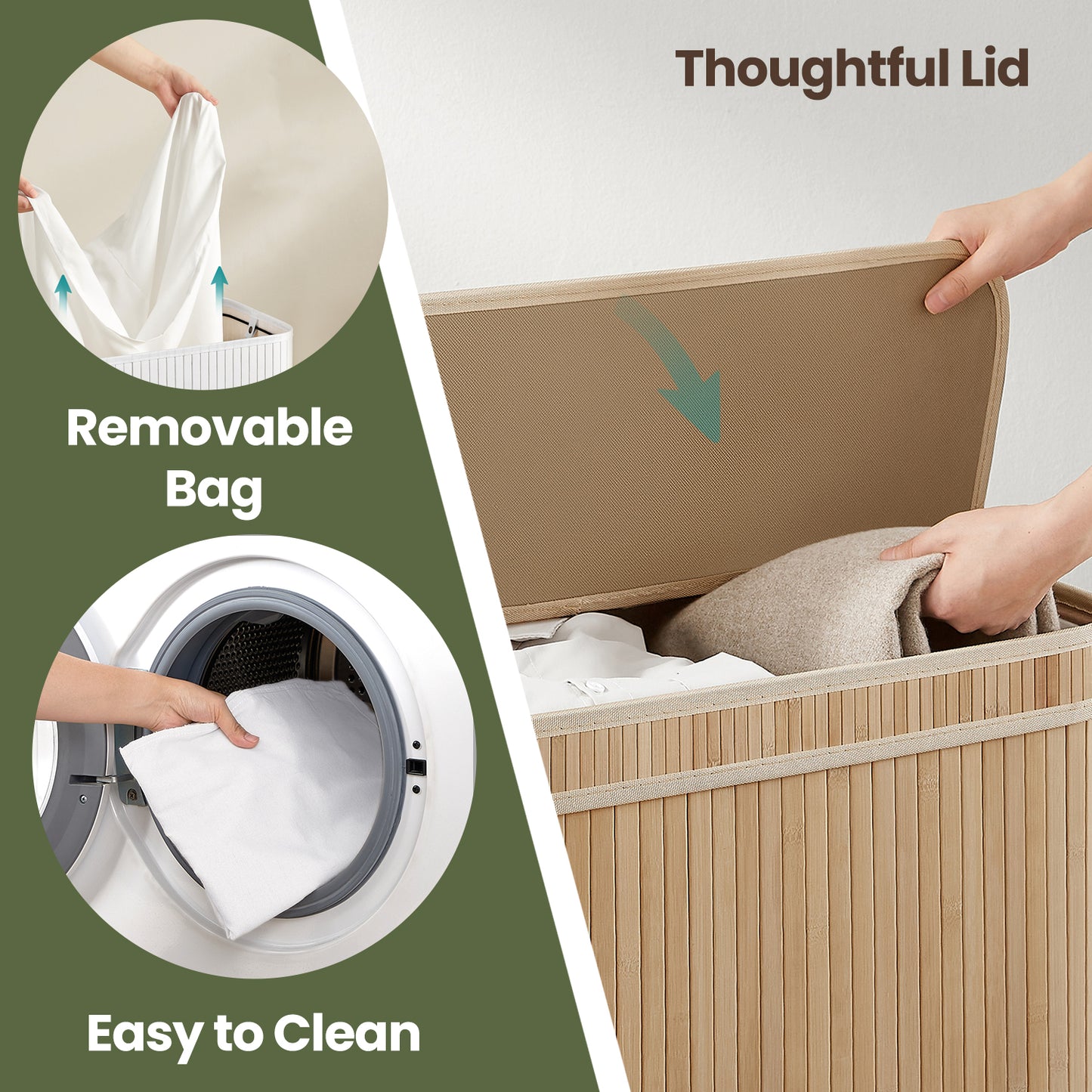 Foldable Bamboo Laundry Hamper with Removable Washable Liner, 26.4-Gallon Capacity, Metal Frame & Handles, for Bedroom，Bathroom, Natural Beige