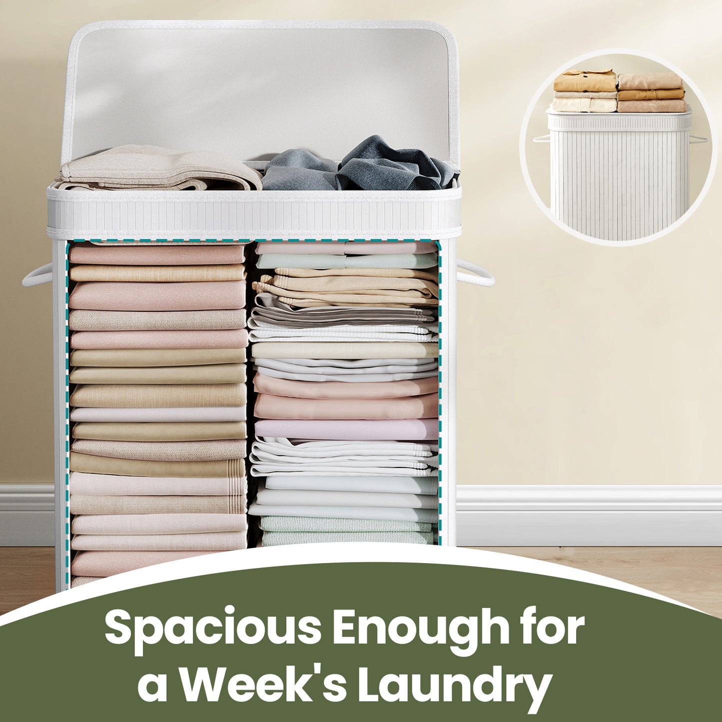 Foldable Bamboo Laundry Hamper with Removable Washable Liner, 26.4-Gallon Capacity, Metal Frame & Handles, for Bedroom，Bathroom, Natural Beige