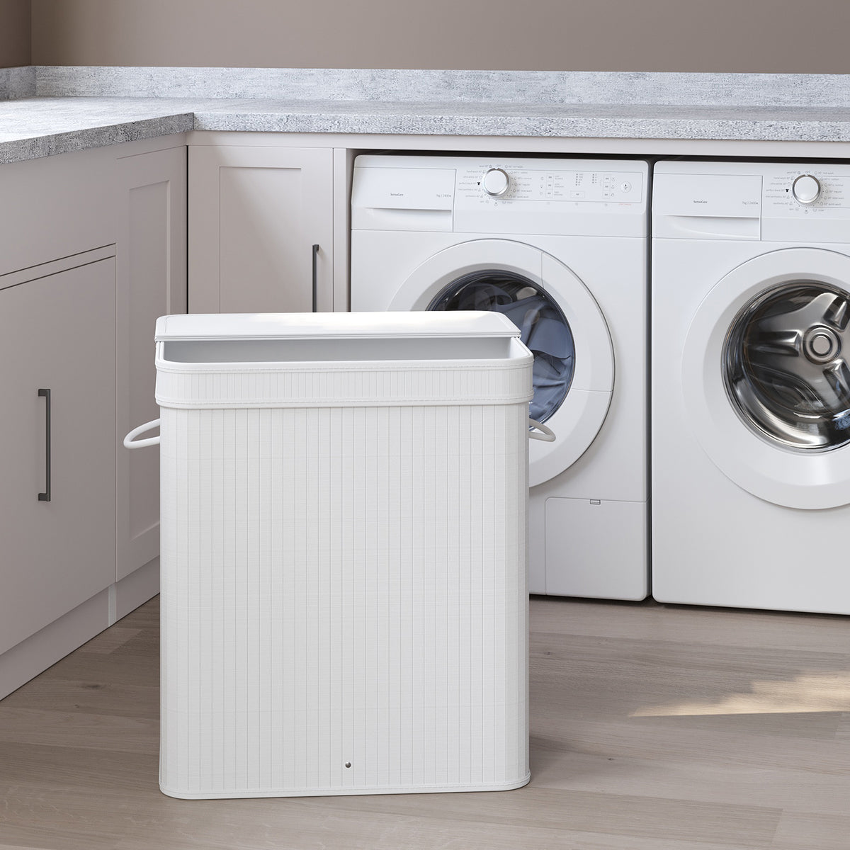 LEDREM Large Laundry Hamper with Lid and Handles, Bamboo Clothes Basket with Removable Liner, 21.7 x 13.4 x 24 inches, White