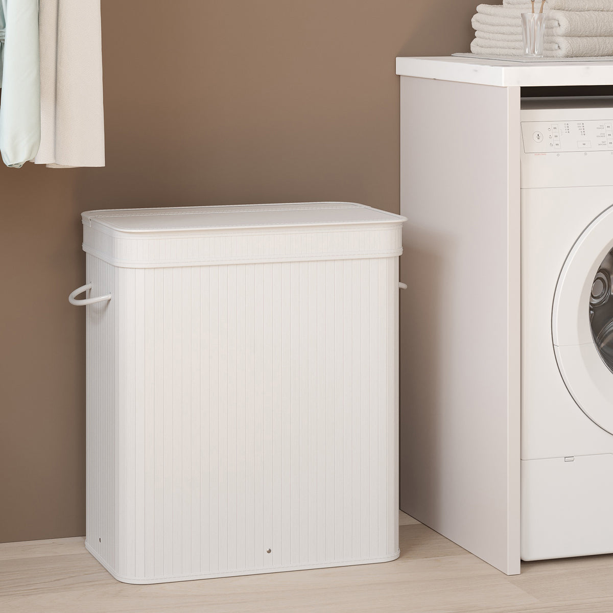 LEDREM Large Laundry Hamper with Lid and Handles, Bamboo Clothes Basket with Removable Liner, 21.7 x 13.4 x 24 inches, White