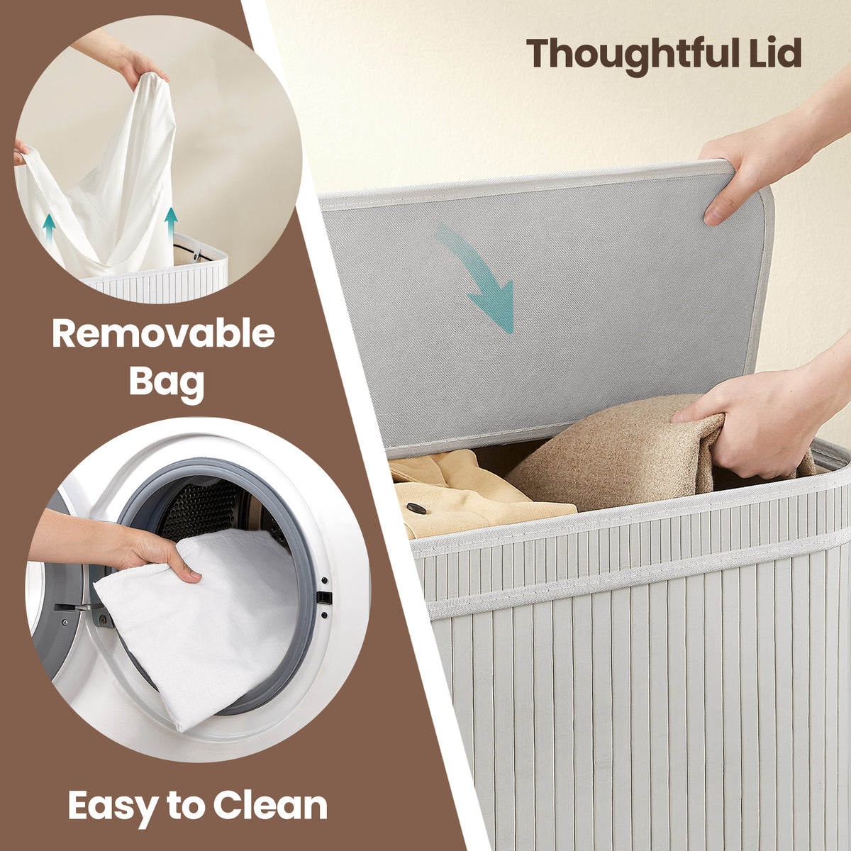 LEDREM Large Laundry Hamper with Lid and Handles, Bamboo Clothes Basket with Removable Liner, 21.7 x 13.4 x 24 inches, White