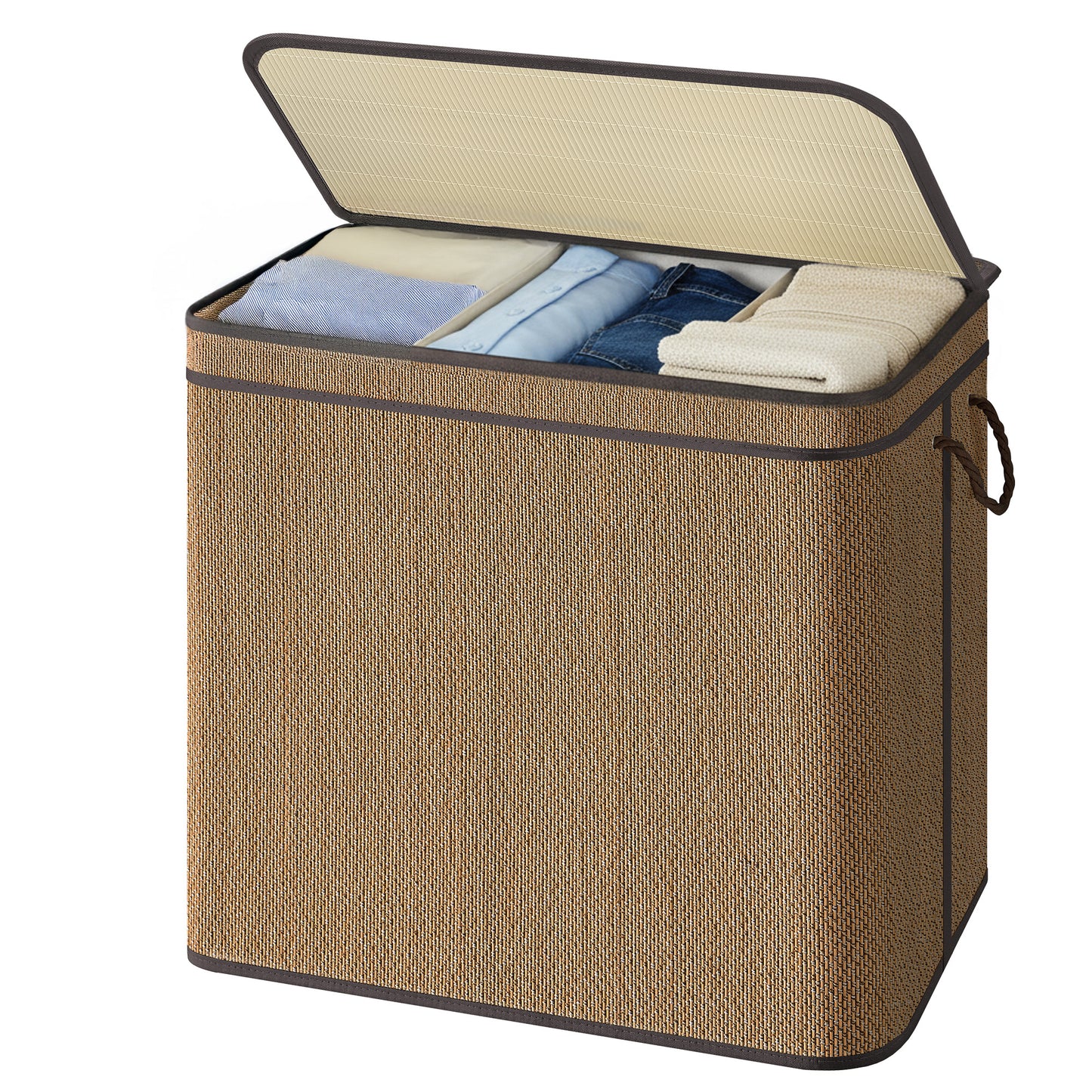 3-Section Laundry Hamper with Lid, 44.9 Gal Bamboo Clothes Sorter, Removable Machine-Washable Liner, for Bedroom Living Room, Brown