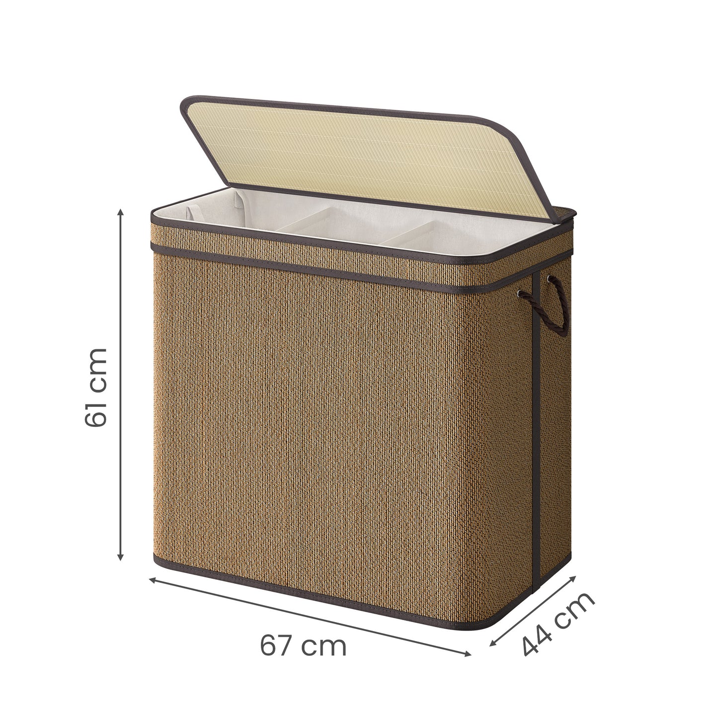 3-Section Laundry Hamper with Lid, 44.9 Gal Bamboo Clothes Sorter, Removable Machine-Washable Liner, for Bedroom Living Room, Brown
