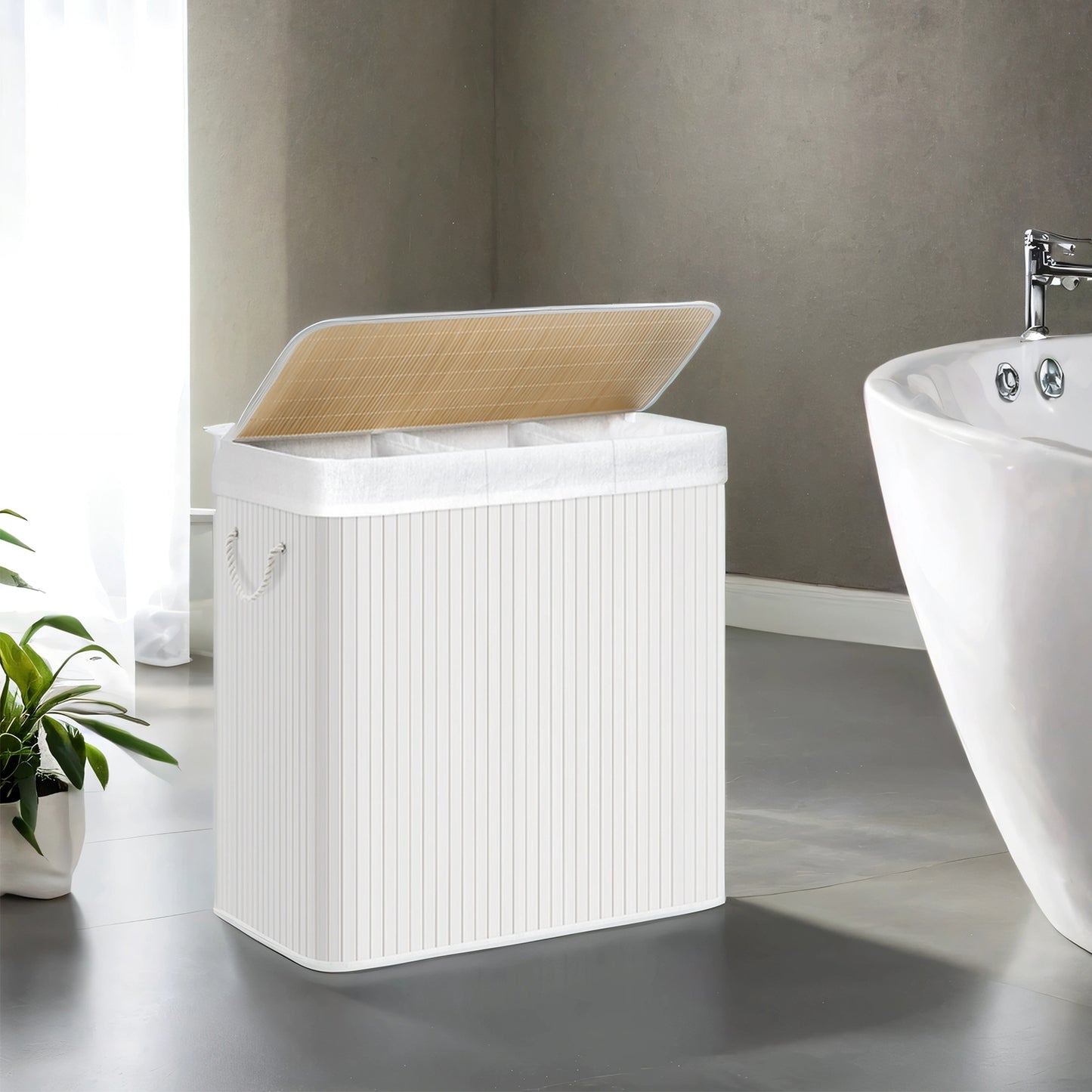 Laundry Hamper 3-Section, 39.6 Gallons Bamboo Laundry Basket with Lid, Foldable Removable Washable Liner, for Bedroom Laundry Room, White