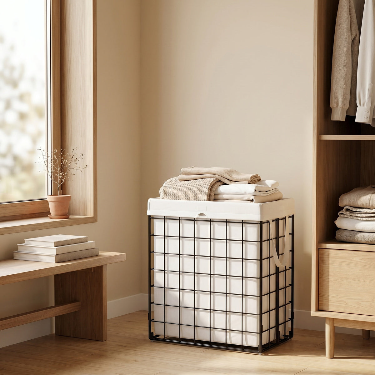 LEDREM Laundry Hamper, Large Collapsible Basket with Removable Washable Liner, 29 Gal., White and Black