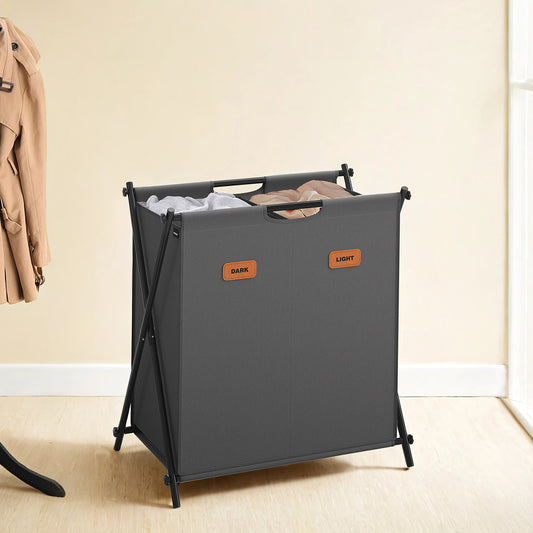 2-Section Collapsible Laundry Sorter, 30.4 Gallon Capacity with Labels, Portable X-Frame Design, for Home Use, Slate Gray