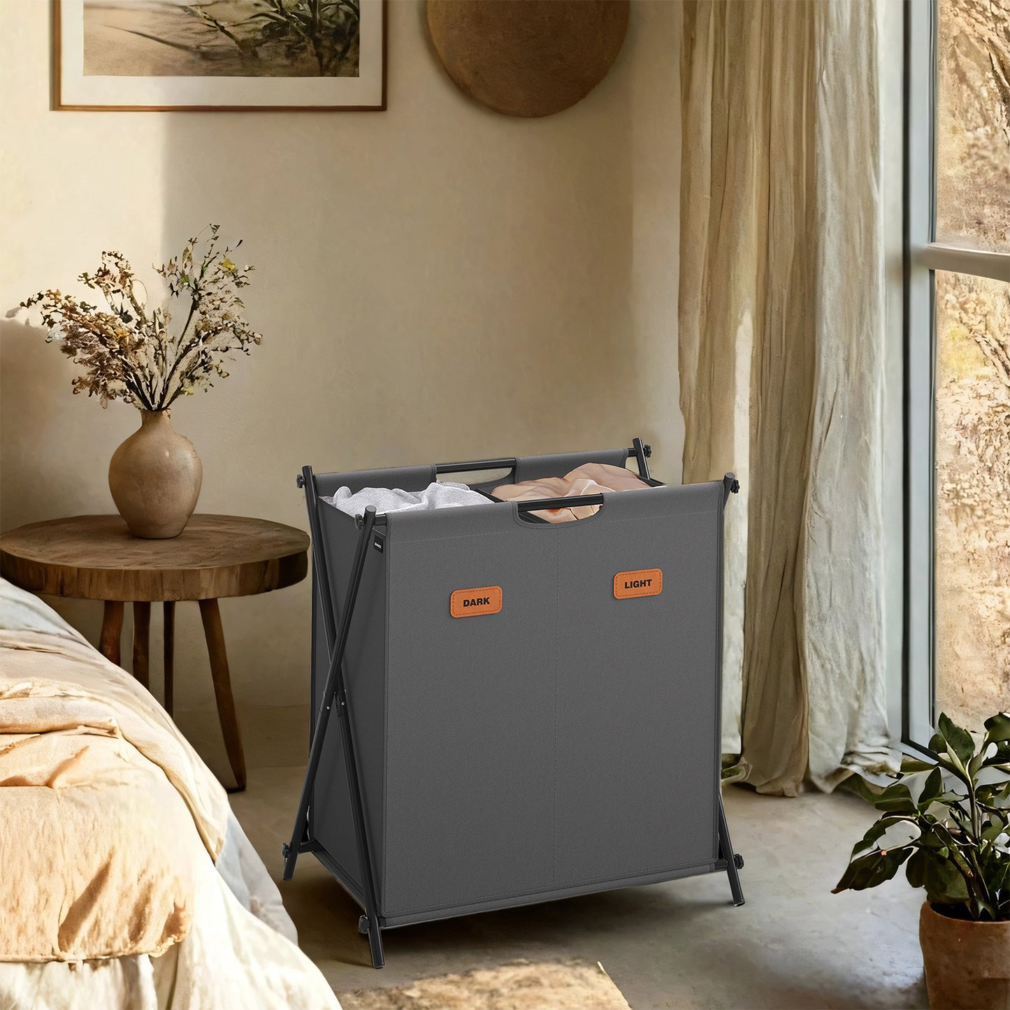 2-Section Collapsible Laundry Sorter, 30.4 Gallon Capacity with Labels, Portable X-Frame Design, for Home Use, Slate Gray