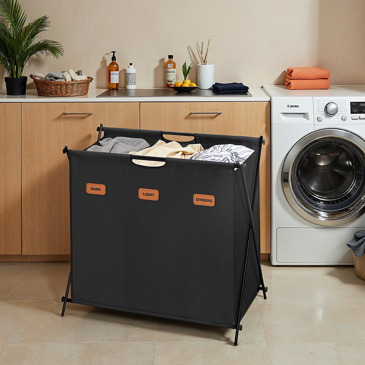 LEDREM Laundry Hamper 3-Section Sorter Collapsible 135L 27.6 x 15.8 x 26 Inches Ink Black