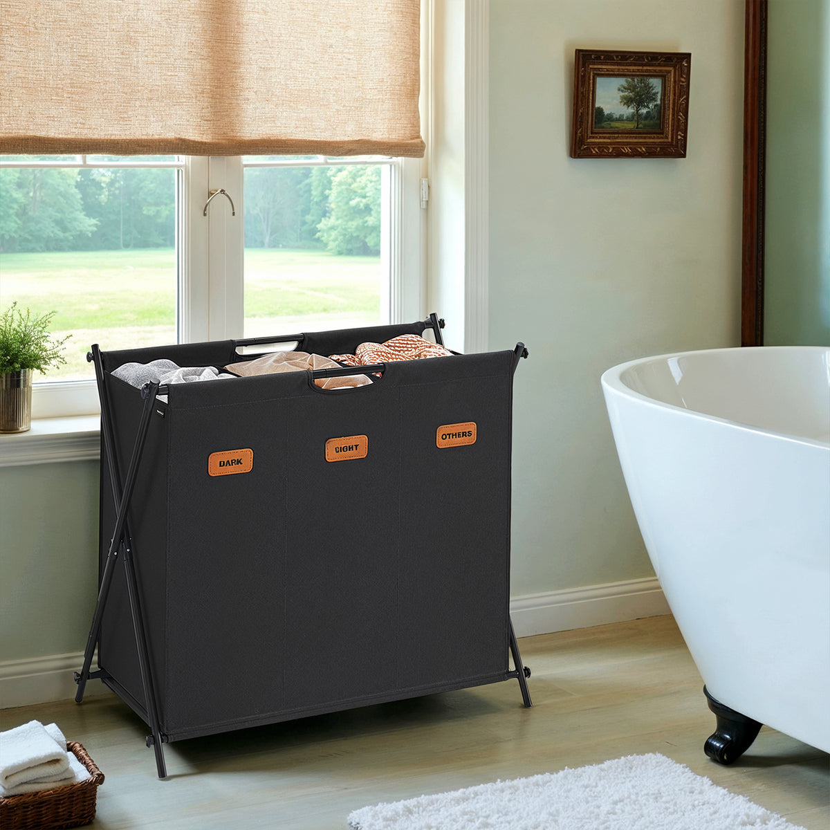 LEDREM Laundry Hamper 3-Section Sorter Collapsible 135L 27.6 x 15.8 x 26 Inches Ink Black