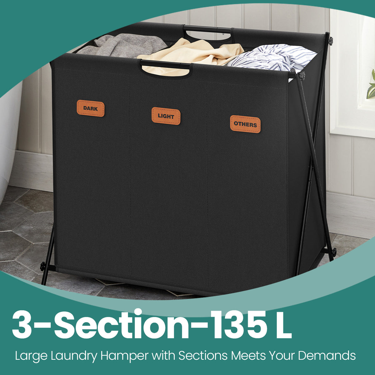 LEDREM Laundry Hamper 3-Section Sorter Collapsible 135L 27.6 x 15.8 x 26 Inches Ink Black