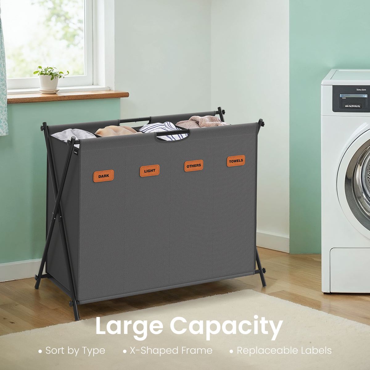 LEDREM Foldable 4-Section Laundry Basket with 155 L Capacity, X-Frame and Customizable Labels for Bedroom Bathroom Laundry Room, Grey