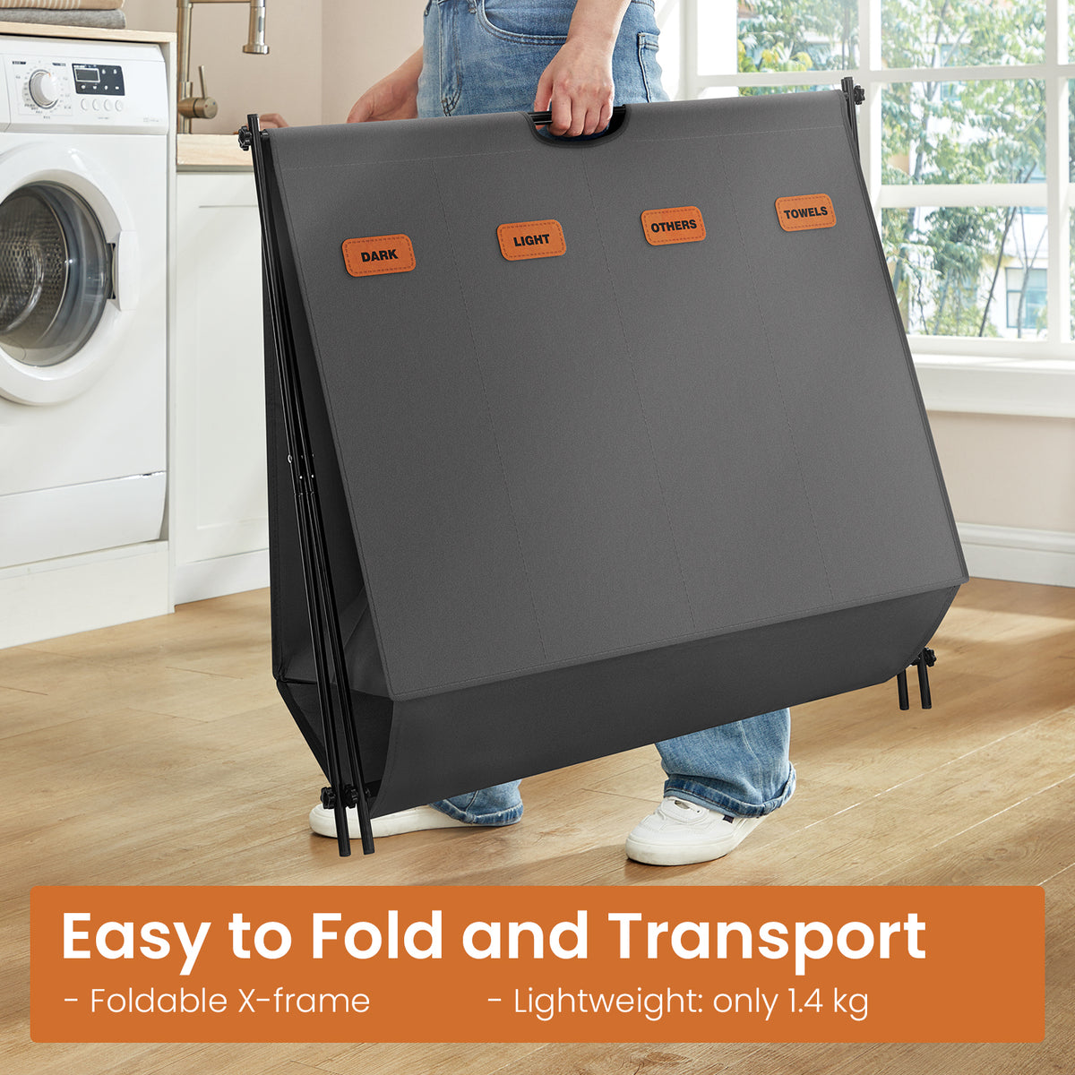 LEDREM Foldable 4-Section Laundry Basket with 155 L Capacity, X-Frame and Customizable Labels for Bedroom Bathroom Laundry Room, Grey