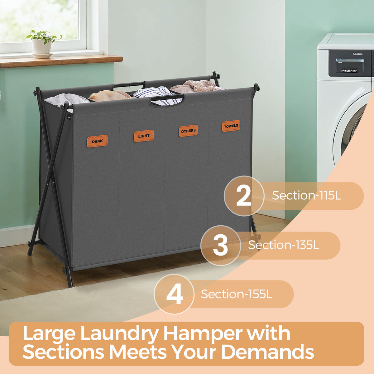 LEDREM Foldable 4-Section Laundry Basket with 155 L Capacity, X-Frame and Customizable Labels for Bedroom Bathroom Laundry Room, Grey