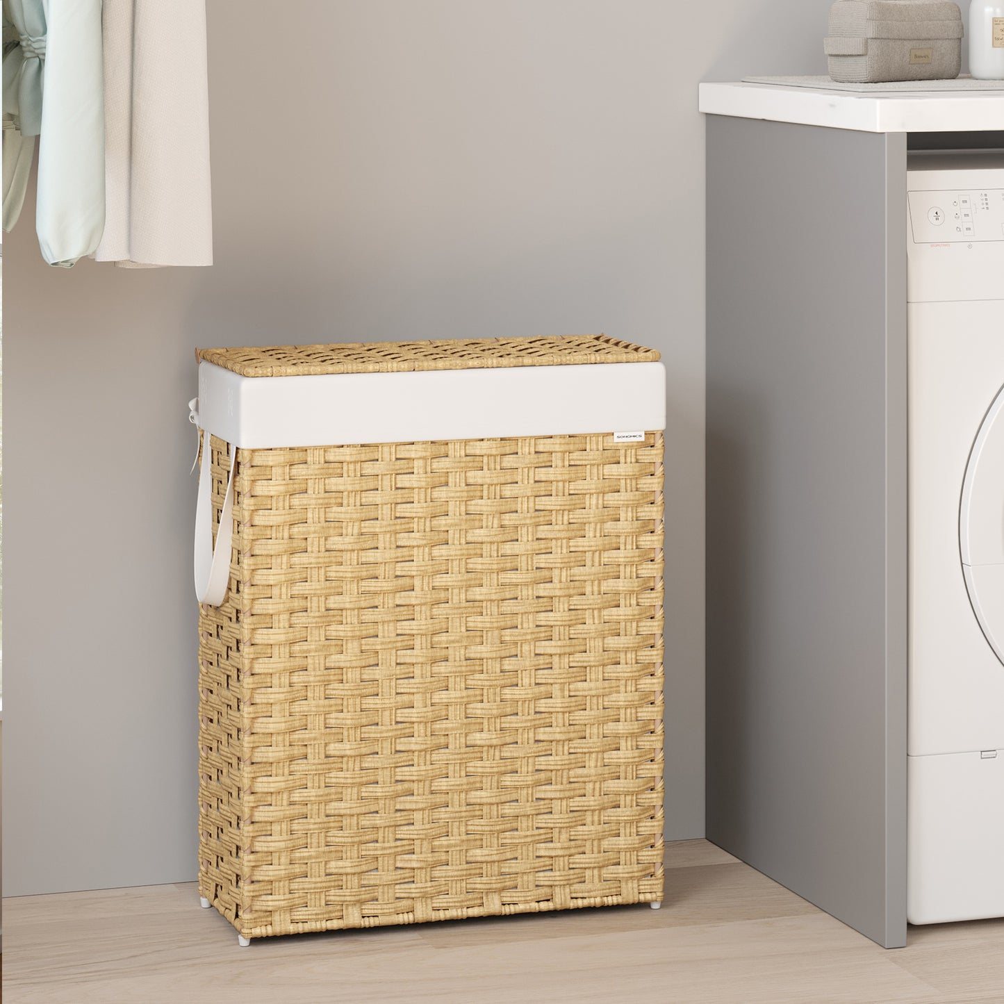 Foldable Rattan Laundry Hamper with Removable Liner & Lid - 14.5 Gallon (55L) Storage, Space-Saving Design, Handles for Easy Carry, Waterproof & Ventilated, Goose Yellow