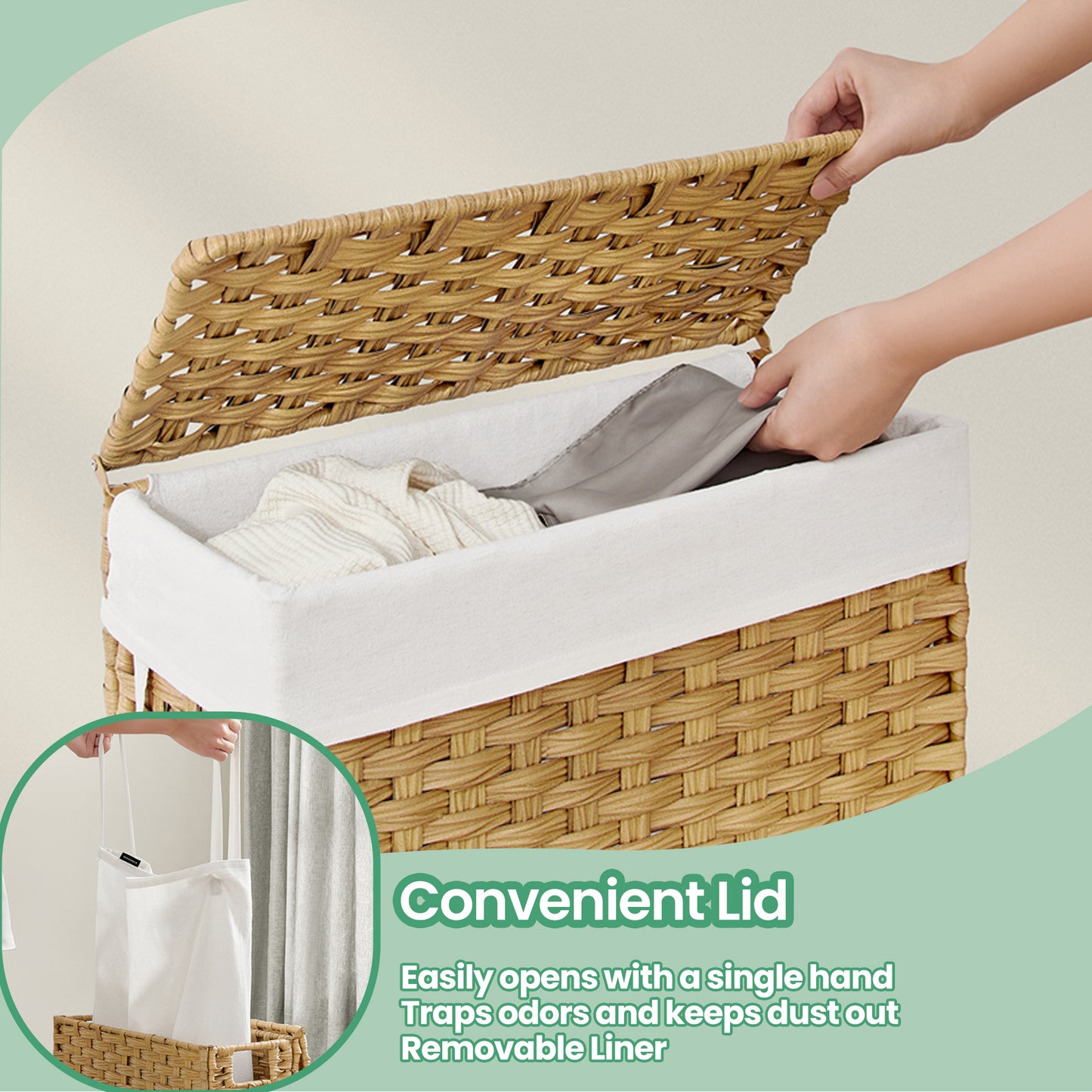 Foldable Rattan Laundry Hamper with Removable Liner & Lid - 14.5 Gallon (55L) Storage, Space-Saving Design, Handles for Easy Carry, Waterproof & Ventilated, Goose Yellow