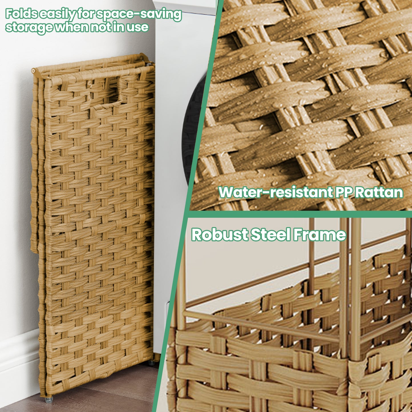 Foldable Rattan Laundry Hamper with Removable Liner & Lid - 14.5 Gallon (55L) Storage, Space-Saving Design, Handles for Easy Carry, Waterproof & Ventilated, Goose Yellow