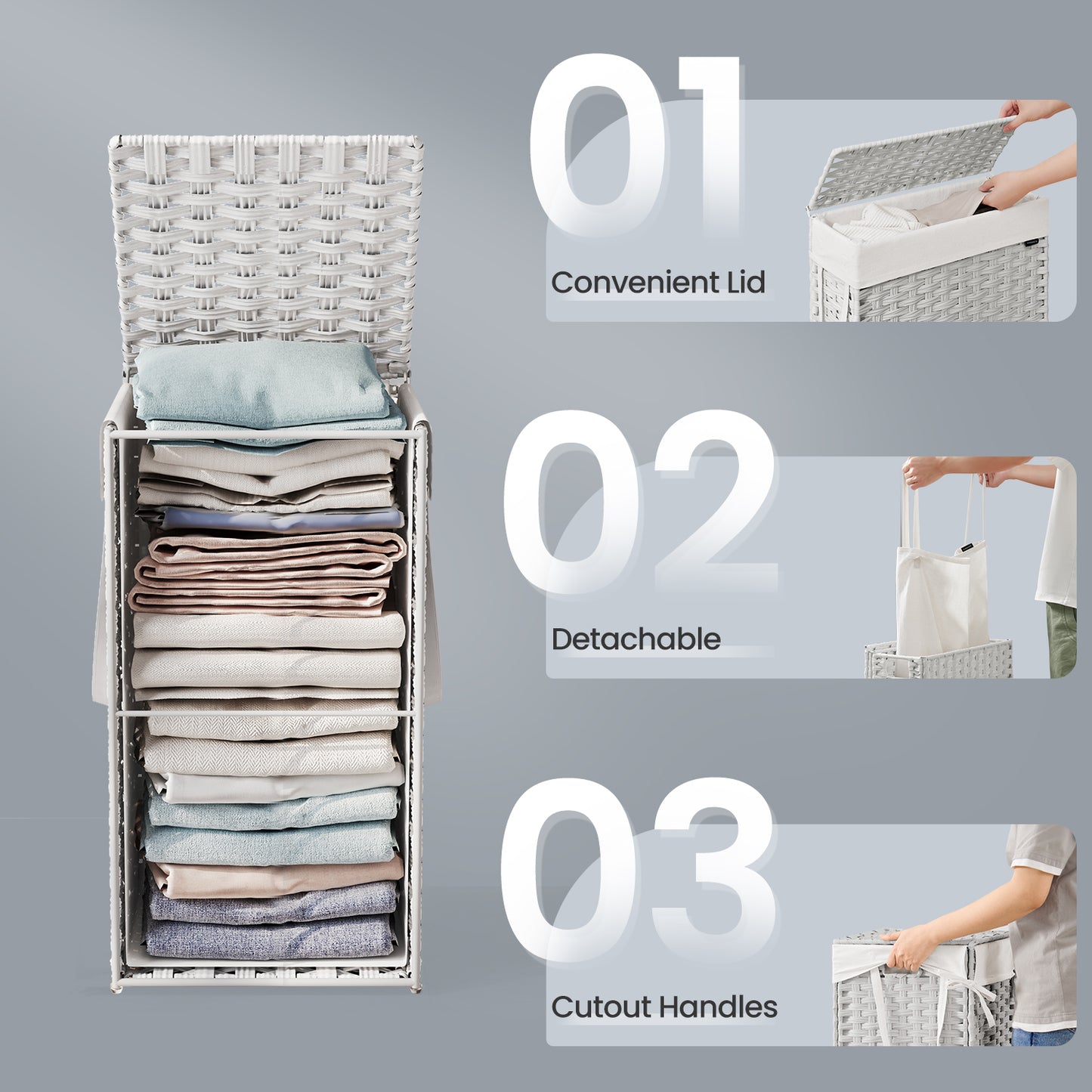 14.5-Gallon Slim Laundry Hamper with Lid, Rattan Clothes Basket with Removable Liner & Handles, Foldable, Space-Saving, Cloud White
