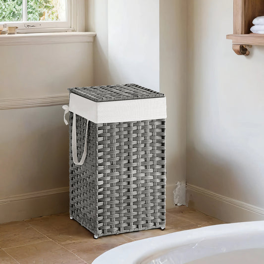 Foldable Laundry Hamper with Removable Liner & Lid – 17.2 Gallon (65L) Synthetic Rattan Basket, Handles for Easy Carry, Space-Saving for Bathroom，Bedroom, Holds 44lb, Dove Gray