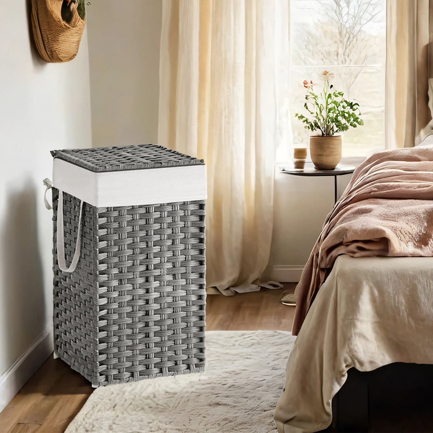 Foldable Laundry Hamper with Removable Liner & Lid – 17.2 Gallon (65L) Synthetic Rattan Basket, Handles for Easy Carry, Space-Saving for Bathroom，Bedroom, Holds 44lb, Dove Gray