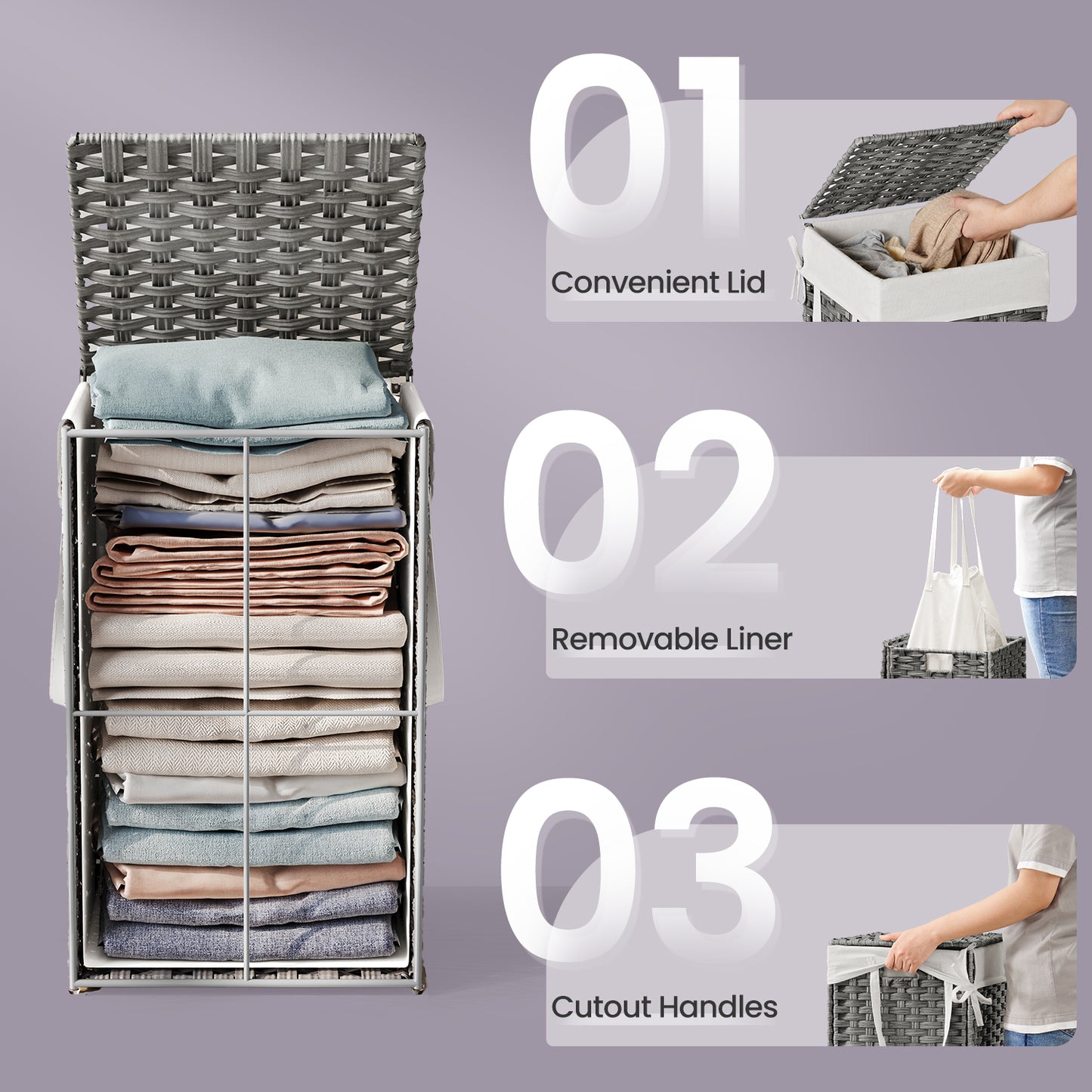 Foldable Laundry Hamper with Removable Liner & Lid – 17.2 Gallon (65L) Synthetic Rattan Basket, Handles for Easy Carry, Space-Saving for Bathroom，Bedroom, Holds 44lb, Dove Gray
