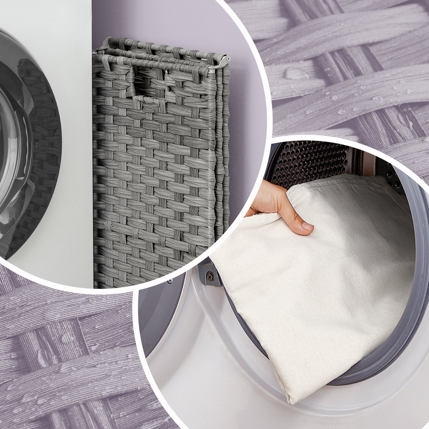 Foldable Laundry Hamper with Removable Liner & Lid – 17.2 Gallon (65L) Synthetic Rattan Basket, Handles for Easy Carry, Space-Saving for Bathroom，Bedroom, Holds 44lb, Dove Gray