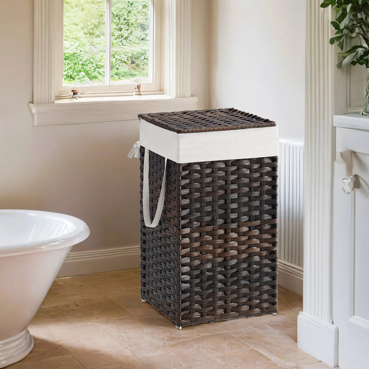 LEDREM Laundry Basket, Foldable Synthetic Rattan Storage Basket with Lid and Handles, Removable Liners, Laundry Room, Brown