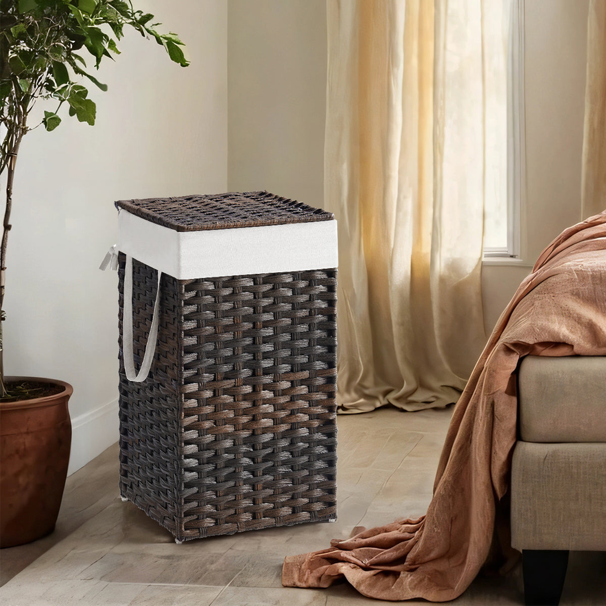 LEDREM Laundry Basket, Foldable Synthetic Rattan Storage Basket with Lid and Handles, Removable Liners, Laundry Room, Brown