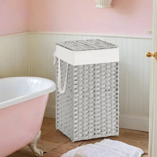 Foldable Laundry Hamper with Removable Liner & Lid, 17.2 Gallon (65L) Synthetic Rattan Basket, Handles, Space-Saving for Bedroom，Bathroom, Cloud White