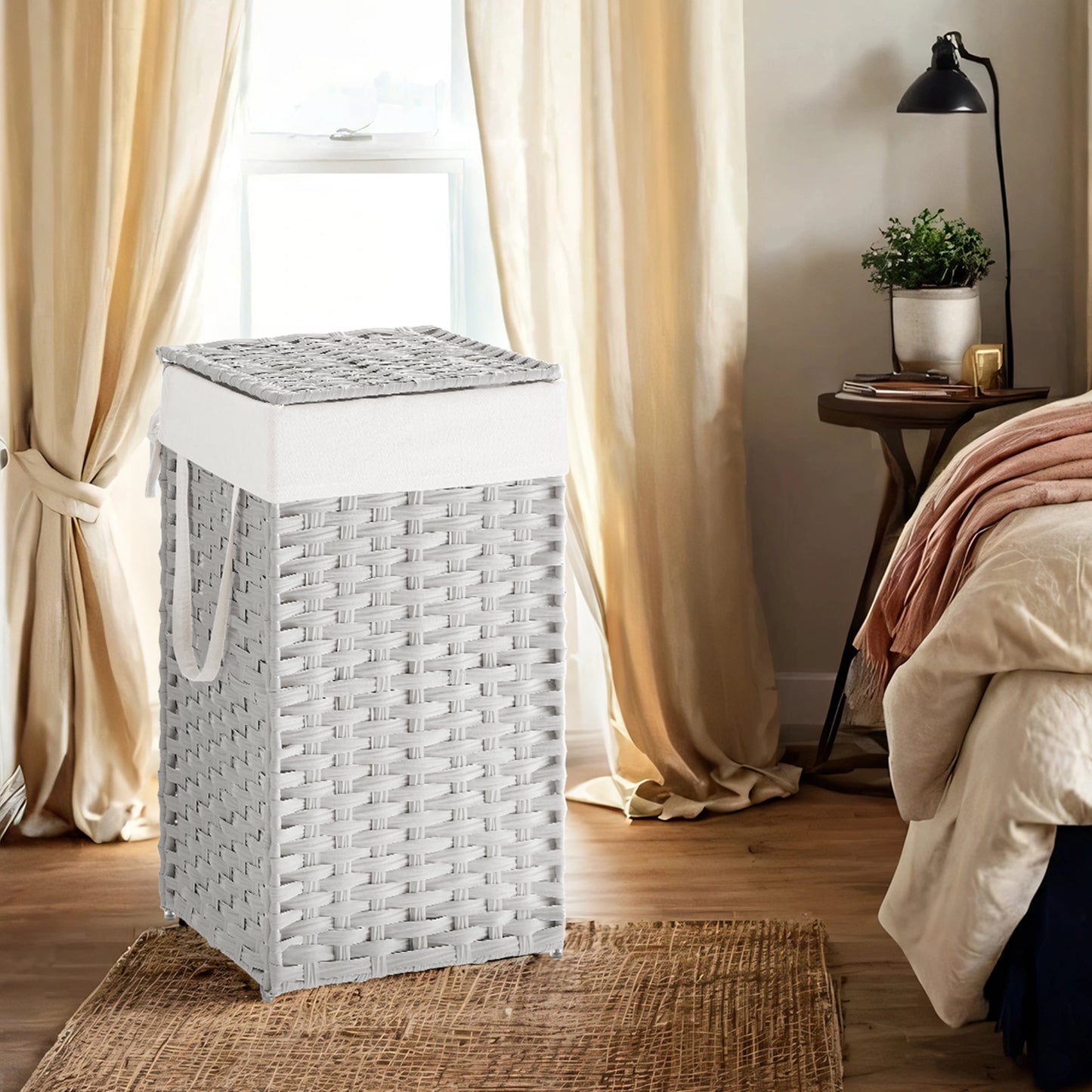 Foldable Laundry Hamper with Removable Liner & Lid, 17.2 Gallon (65L) Synthetic Rattan Basket, Handles, Space-Saving for Bedroom，Bathroom, Cloud White