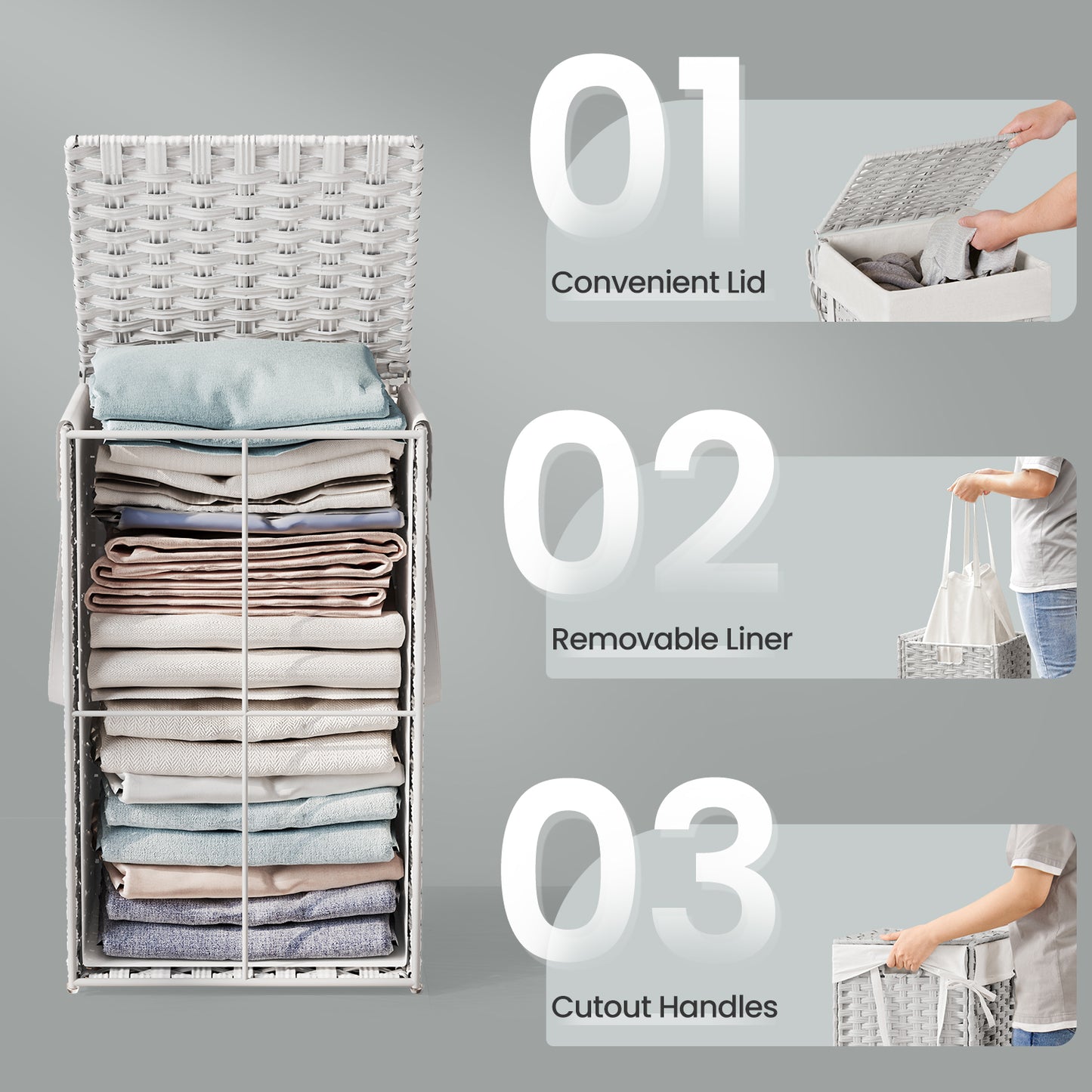 Foldable Laundry Hamper with Removable Liner & Lid, 17.2 Gallon (65L) Synthetic Rattan Basket, Handles, Space-Saving for Bedroom，Bathroom, Cloud White