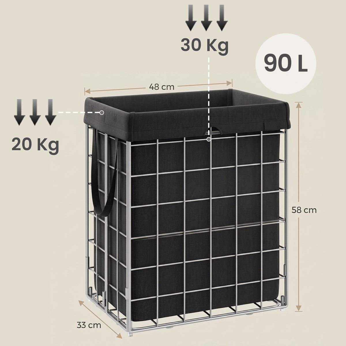 LEDREM Laundry Hamper, Large Collapsible Basket with Removable Washable Liner, 29 Gal., Black and Silver