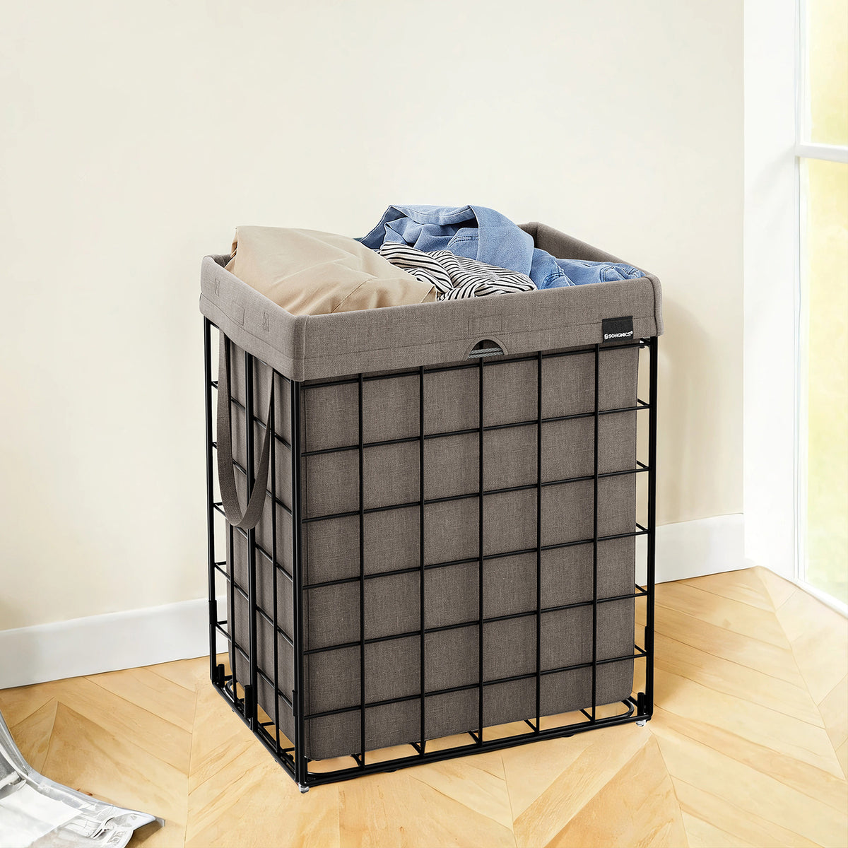 LEDREM Laundry Hamper, 23.8 Gal. (90 L) Laundry Basket, Collapsible Clothes Hamper, Removable and Washable Liner, Silver and Brown
