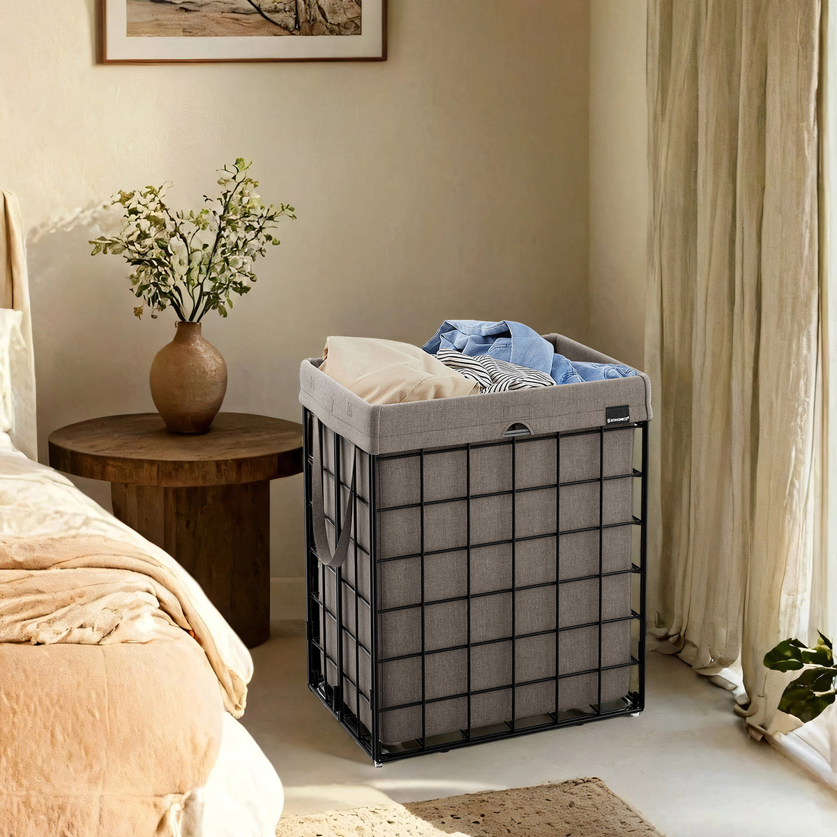 LEDREM Laundry Hamper, 23.8 Gal. (90 L) Laundry Basket, Collapsible Clothes Hamper, Removable and Washable Liner, Silver and Brown